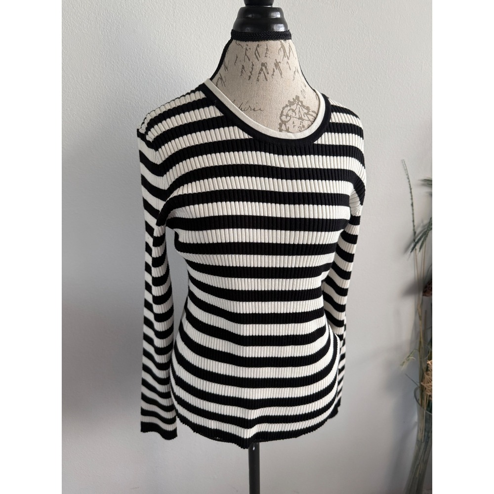 Karl Lagerfeld Paris Womens Ribbed Striped Long Sleeve Sweater Black White L NEW